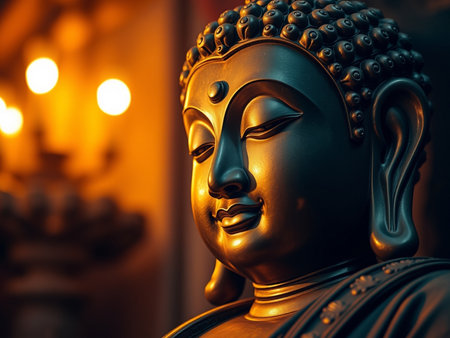 Buddha statue in the Buddhist temple, closeup image.の素材
