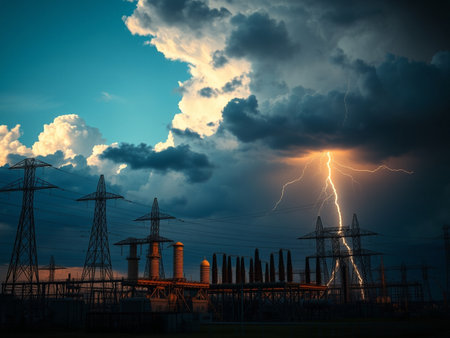 Power plant at sunset with lightning and electricity pylons in the backgroundの素材