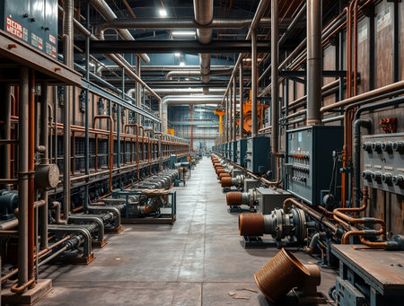 Industrial interior of a power plant with equipment, pipes and machineryの素材
