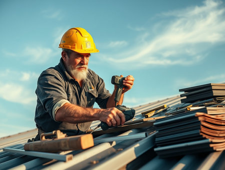 Portrait of a senior craftsman working on a construction site.の素材