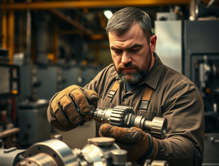 Portrait of a handsome mature man working on a machine in a factoryの素材