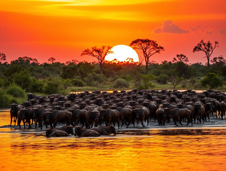 Herd of wildebeest at Chobe River, Botswana, Africaの素材