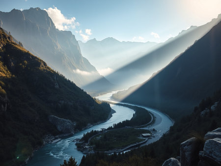 Beautiful view of the river and mountains in the morning. Switzerland.の素材