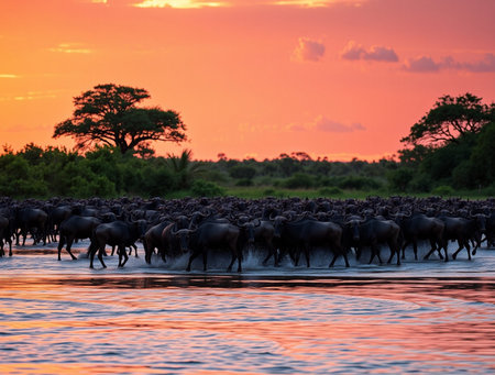 African buffalo at sunset in Chobe National Park, Botswana, Africaの素材
