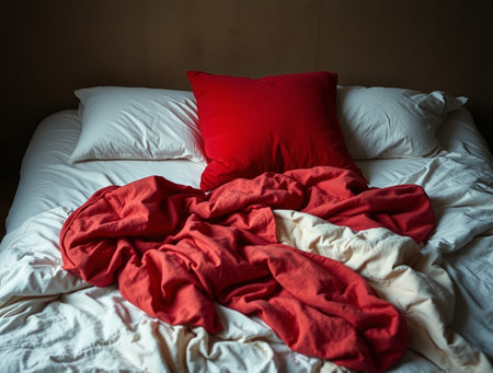 Red pillow on a bed in the morning. Selective focus.の素材