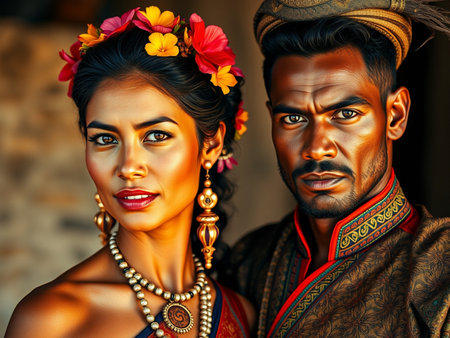 Portrait of a beautiful Indian couple in traditional clothes. India.の素材