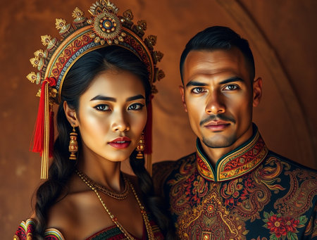 Portrait of a beautiful Asian couple in traditional costume. Fashion shot.の素材