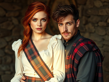 Portrait of a beautiful young couple in classic clothes. Retro style.の素材