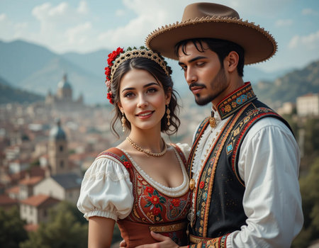 Young couple in traditional dress on the background of the old city.の素材