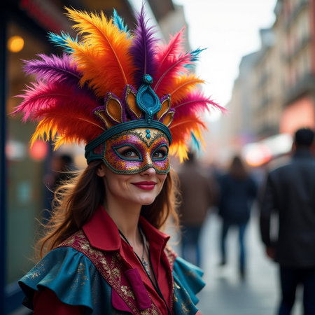 Beautiful young woman with carnival mask in Paris, France.の素材