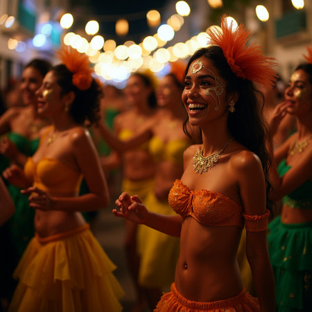 Carnival dancers on the street in the night. Bali, Indonesiaの素材