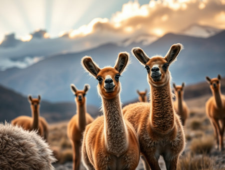 Vicunas (Lama glama) in Andes mountains, Peruの素材
