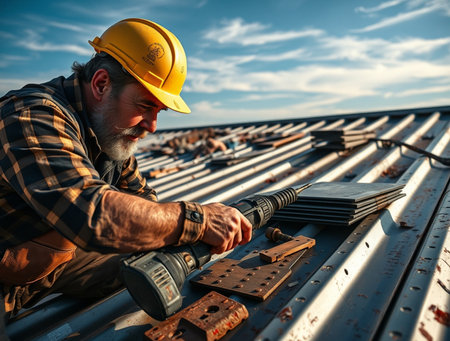 construction worker working on the roof of a building with a screwdriverの素材