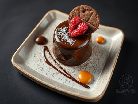Chocolate dessert with raspberries and chocolate cream on dark backgroundの素材