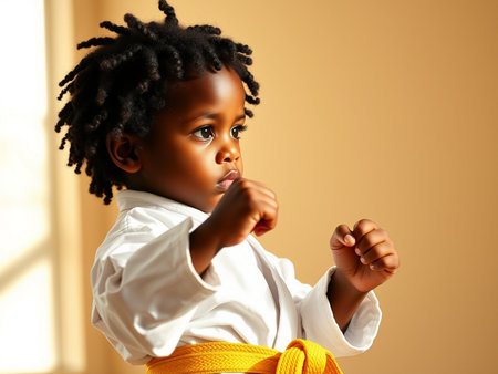 Cute little african american girl practicing martial arts in a gym.の素材