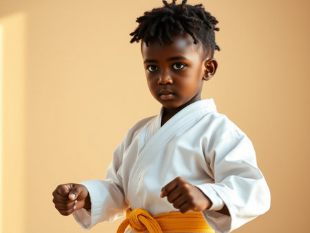 Portrait of a cute African American little boy in kimonoの素材