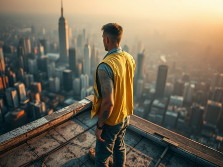 Man standing on the roof of a skyscraper and looking at the cityの素材