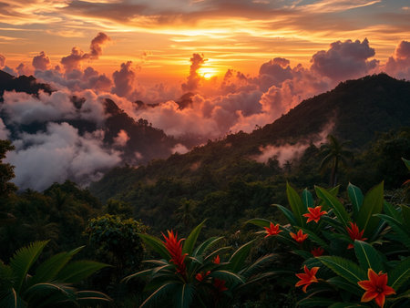 Beautiful sunset over the mountains with clouds and red flowers, Thailandの素材