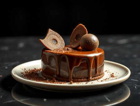 Chocolate cake with icing and chocolate balls on a dark background.の素材