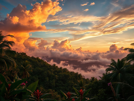 Sunset over the sea with beautiful clouds and palm trees in the foregroundの素材