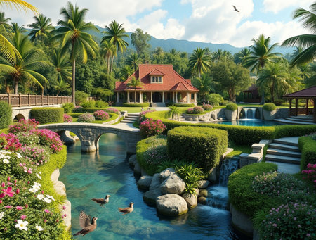 Luxury villa in tropical garden with pond and palm treesの素材