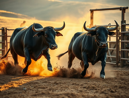 Two bulls fighting in a rodeo in the sunset light, Spainの素材