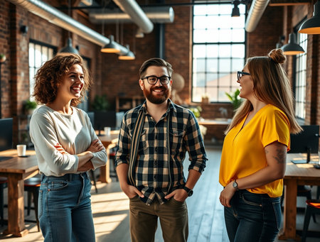 Group of young business people in casual clothes are standing in office and smiling.の素材