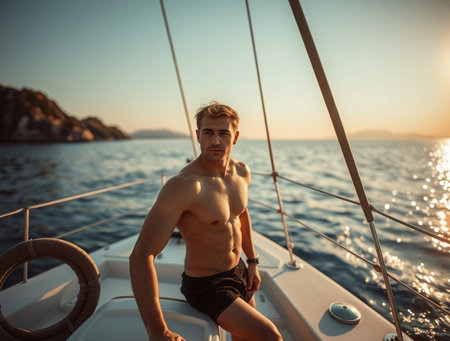 Handsome young man with muscular body and bare torso standing on the bow of a yacht at sunset.の素材