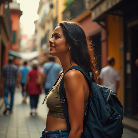 Beautiful young Asian woman with backpack walking in the city.の素材