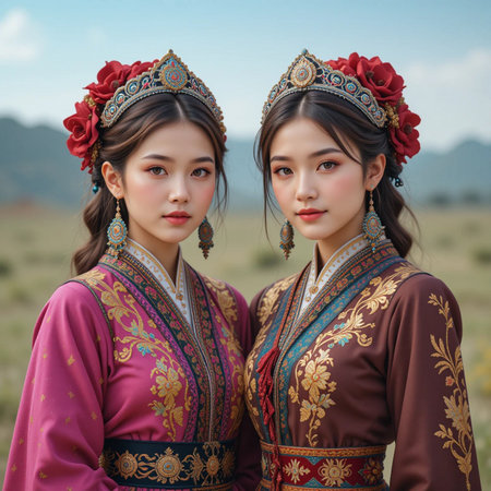 Portrait of two Asian women in traditional Thai costume, Thailand.の素材