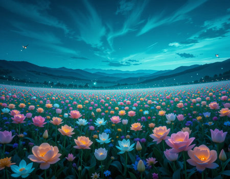 Colorful tulip flower field at twilight time with blue sky backgroundの素材