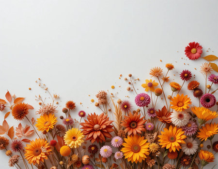 Autumn flowers on white background. Flat lay, top view.の素材