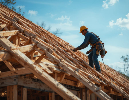 construction worker working on the roof of a new house with a hammerの素材