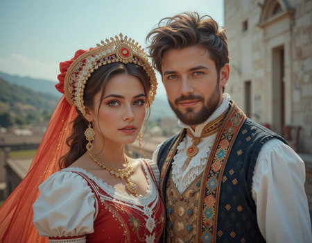 Portrait of a beautiful young couple in traditional costume posing outdoor.の素材