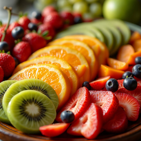 Sliced fruit in a wooden plate on a gray background.の素材
