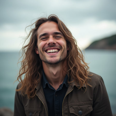 Portrait of a handsome young man with long wavy hair smiling outdoorsの素材