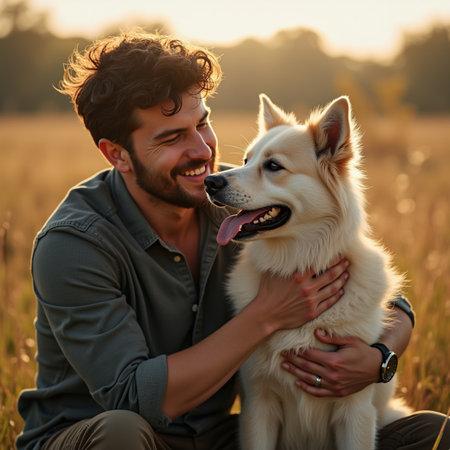Handsome young man with his dog in the field at sunsetの素材