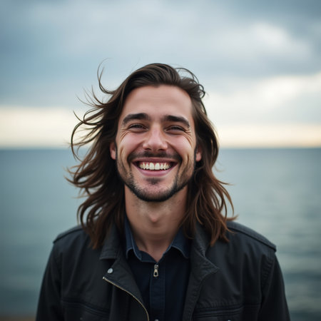 Portrait of a handsome young man with long hair smiling and looking at the camera while standing on the beachの素材