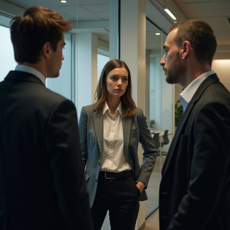 Young business people talking together in office. Businessmen and businesswoman standing in corridor.の素材
