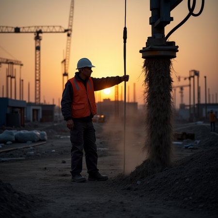 Silhouette of engineer working on the construction site at sunset.の素材