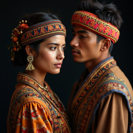 Portrait of a beautiful young Asian couple in traditional clothes on dark backgroundの素材