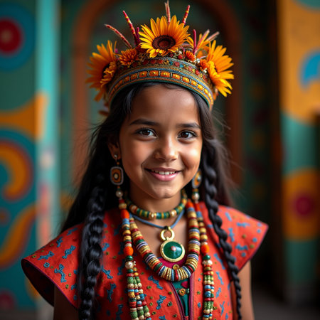 Portrait of a beautiful Indian little girl in a colorful headdress.の素材