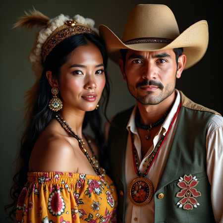 Portrait of a happy Asian couple in traditional clothing and cowboy hatの素材