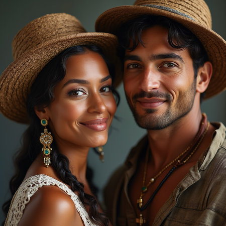 Portrait of a beautiful young couple in cowboy hats looking at cameraの素材
