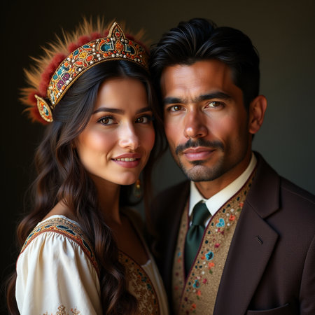 Portrait of a beautiful young couple in traditional costume on dark backgroundの素材
