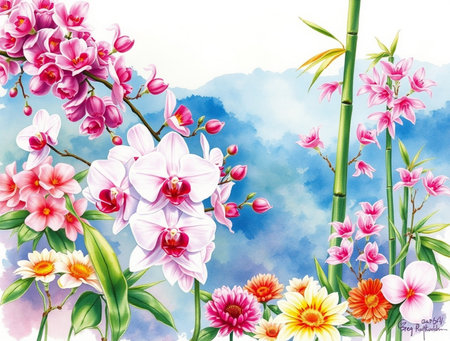 Watercolor illustration of orchids and bamboo on sky background.の素材
