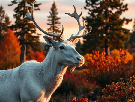Reindeer with antlers in the autumn forest at sunset.の素材