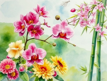 Watercolor painting of orchids and bamboo. Hand painted illustration.の素材