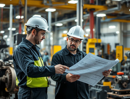 engineer and worker discussing blueprint in factory. industrial and engineering conceptの素材