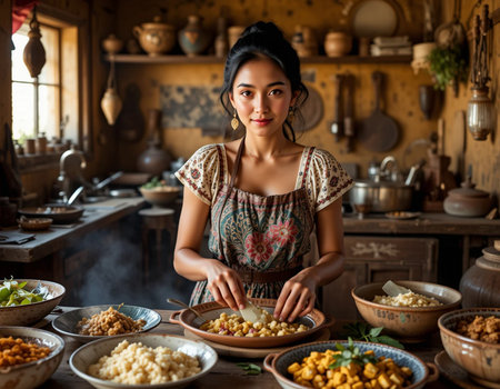 Beautiful Asian woman cooking food in a rustic kitchen at homeの素材